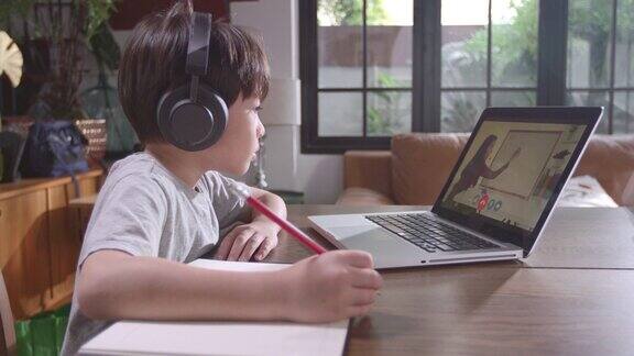 男孩正专心地坐在家里在线学习
