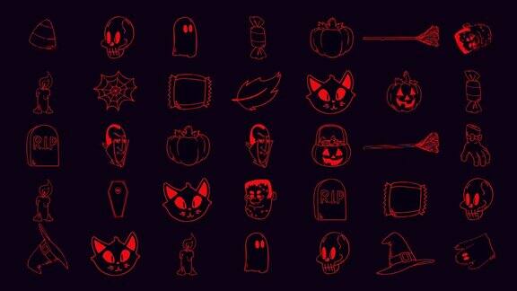 红色的万圣节图案上面有南瓜、骷髅、棺材和鬼魂