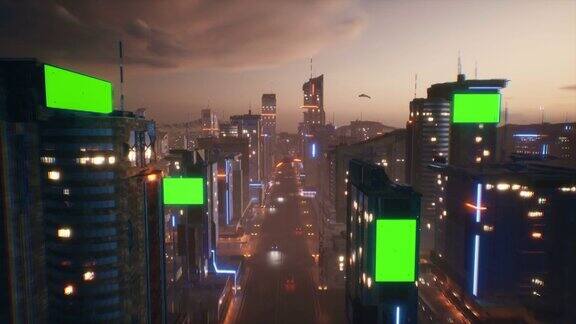 4K循环背景与绿色屏幕横幅未来的3D城市