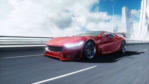高速公路上未来红色电动汽车的3d模型开车非常快未来现实的4k的动画