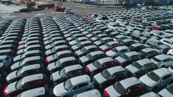 鸟瞰图的新车停在停车场汽车经销商的停车场满是新车新车排队等待进出口业务
