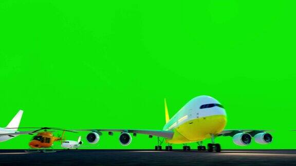 在绿色屏幕的背景下许多飞机停在机场的停机坪上