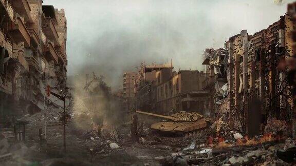 叙利亚坦克在建筑物之间开火叙利亚街道和叙利亚坦克火和烟