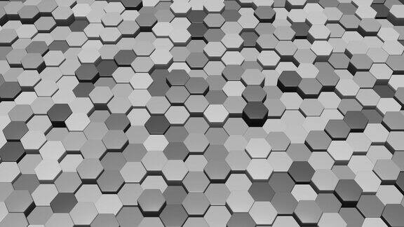 背景的黑白抽象六边形移动在不同的方向3d渲染移动网格的六边形与光和阴影几何曲面环