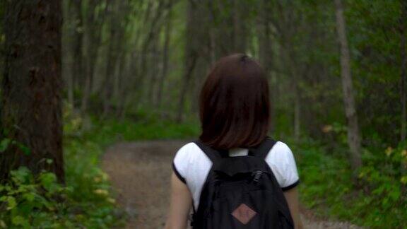 一位年轻女子背着双肩包走在树林间的森林小路上