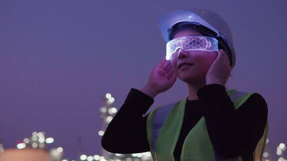 女工程师在石油和天然气或其他工业场所戴着未来虚拟现实眼镜的视频片段
