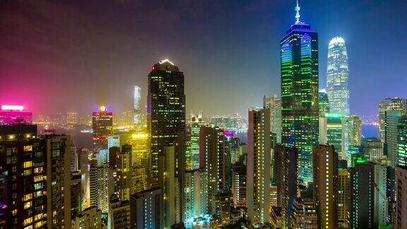 中国夜光香港城市景观现代建筑屋顶全景4k时间推移