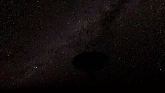 三维-银河和射电天文台天线在夜晚的圆形鸟瞰图