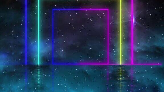 数字动画的彩色霓虹灯广场上闪耀的星星在黑色的背景