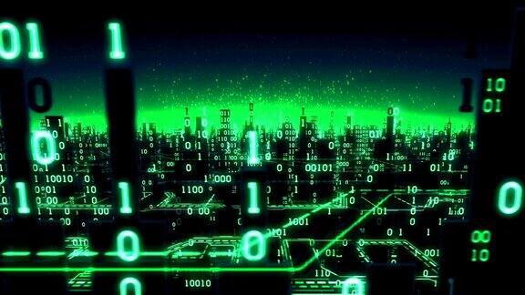 抽象的未来数字城市鸟瞰图高科技背景与二进制阵列连接全球网络矩阵无缝环阿尔法哑光