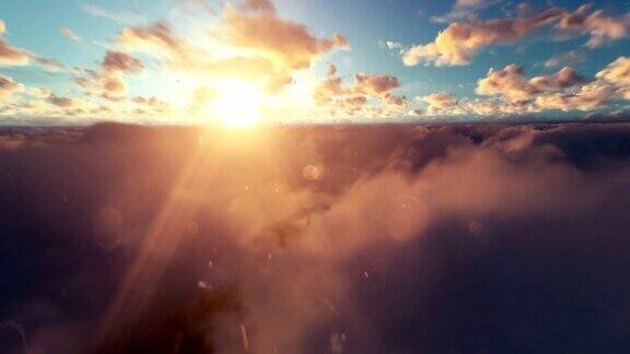 日落时塞斯纳飞机飞过云层