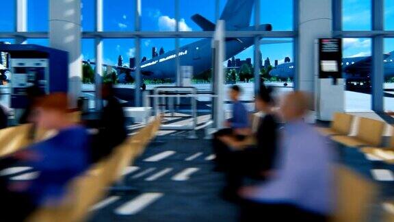乘客在机场航站楼与飞机和城市平移摄像头