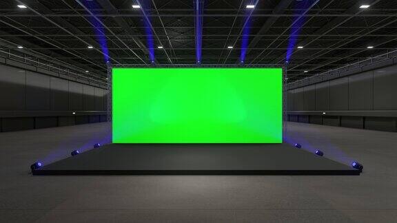 运动空舞台灯光设计的模型和企业形象展示大厅内有桁架的舞台图形资源的空白屏幕场景事件引导的夜光舞台动画循环4k3d渲染