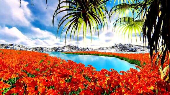 棕榈和花与雪峰山