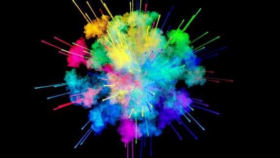 爆炸的火药孤立在黑色背景3d动画的粒子作为彩色的背景或覆盖效果迸发出彩虹般的色彩粉饼呈现出明亮如胡里节4