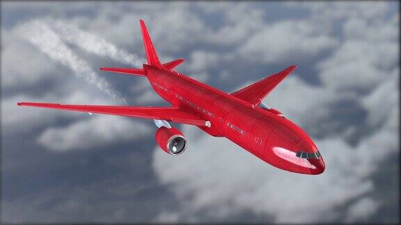一架红色的飞机在云层中飞行模糊的背景灰色的云天空中的班轮特写飞掠3D4K动画逼真