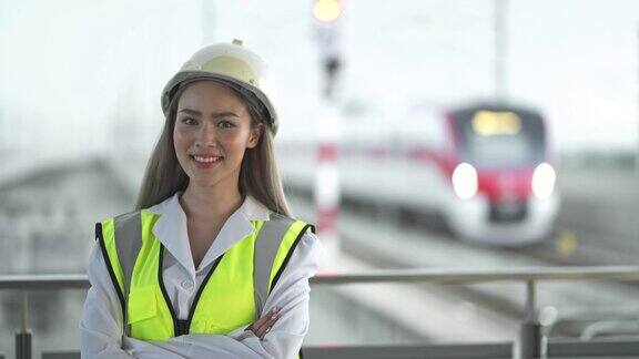 女工程师在火车站双臂交叉的肖像