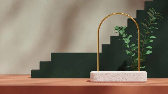 金色拱门绿色植物和楼梯在三维视频渲染空白模型自然水磨石平台无缝阴影动画循环