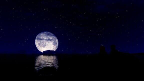 情侣坐在沙滩上满月下星空下平移4K