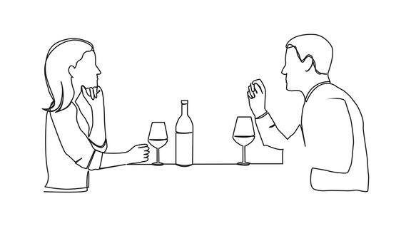 动画连续单线画夫妇坐在餐桌上喝酒