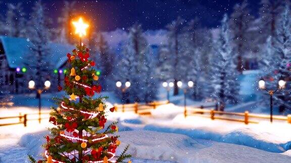 圣诞树在下雪的冬夜高山村