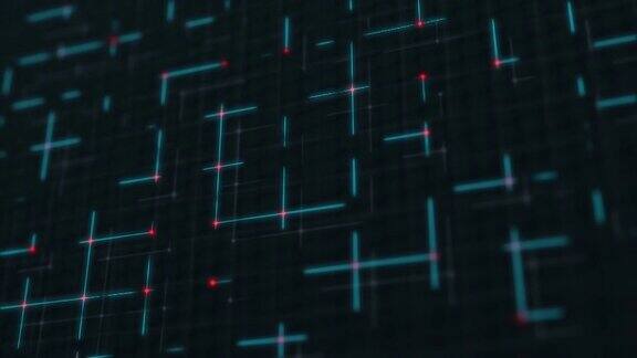 摘要数字发光蓝色网格与红色点连接在黑色的背景技术和通信概念计算机图形科幻未来主义背景4K运动素材动画视频
