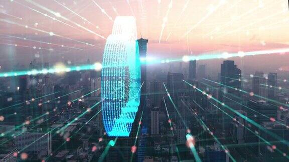 4k分辨率双重曝光的城市景观和云技术未来的计算机数字抽象背景