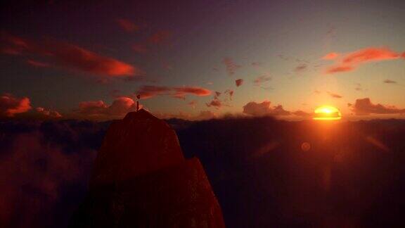 被遗弃的小女孩拿着气球在山顶上的云彩映衬着美丽的日落无人机拍摄4K