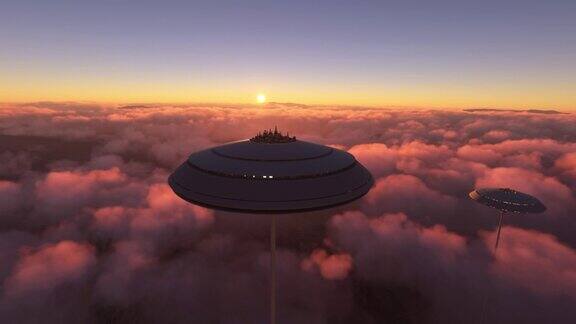 这张照片拍摄于日落时分未来之城在云层之上科幻小镇的圆形视图