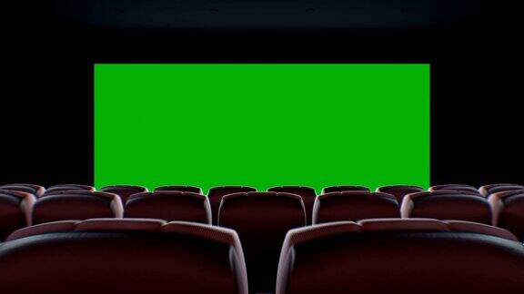 影院大厅的宽屏幕在椅子上移动美丽的3d动画与灯光绿色屏幕和跟踪点艺术和技术概念