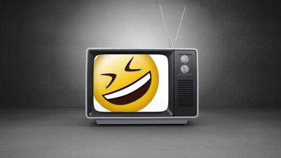 在灰色背景下电视屏幕上笑的表情符号的数字动画