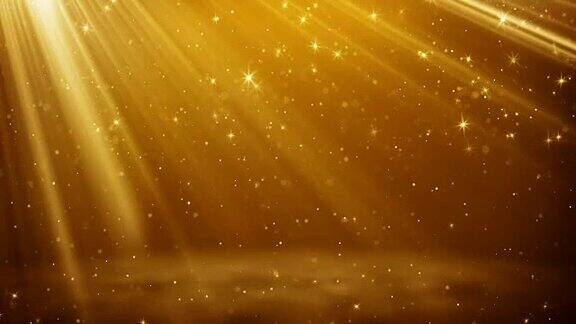 金色粒子和星星在光线循环的背景下飞行