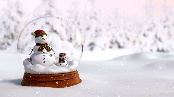 圣诞雪花球4K动画与父亲和儿子雪人特写镜头的角度