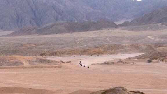 在以山脉为背景的埃及沙漠上骑四轮自行车的小组驾驶沙滩车