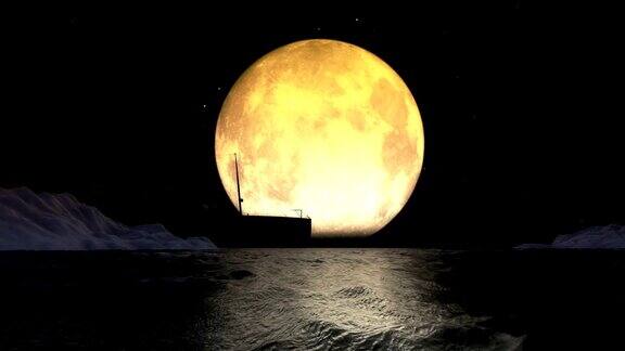 泰坦尼克号在黄色大月亮前的夜晚航行