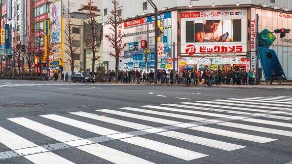 4K延时:将熙熙攘攘的行人和在东京秋叶原社区街道电子城镇地区购买电子游戏、动漫和漫画的游客放大