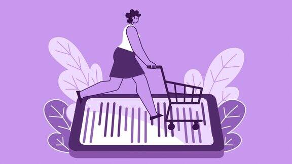 紫色风格的女人扁平的角色在智能手机上运行与购物车带有Alpha通道的孤立循环动画