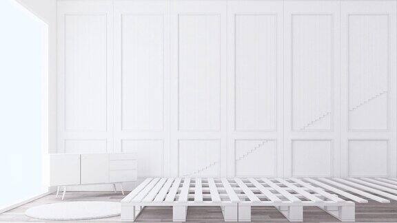 斯堪的纳维亚风格的卧室白色的墙壁装饰和家具三维渲染