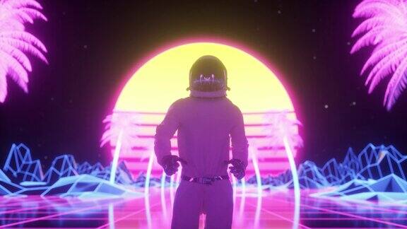 宇航员在闪烁的霓虹灯环绕下奔跑复古80年代风格合成波背景