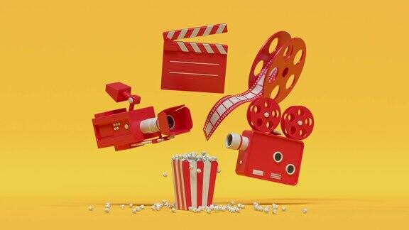 电影摄像机爆米花红黄色卡通风格最小3d渲染影院影院概念