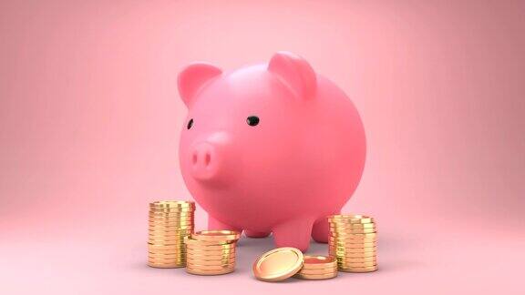 金币掉进了存钱罐粉色储蓄罐在收到金币时变得更大金币出现很多3d动画