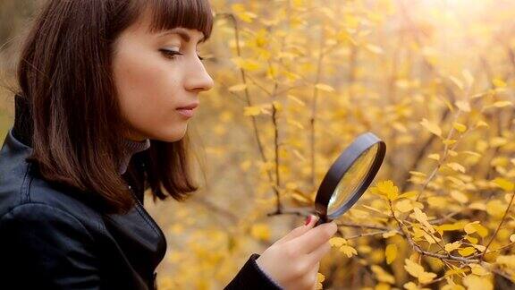 用放大镜看树叶的女人