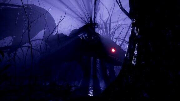一条神奇的巨龙在迷雾笼罩的黑暗森林中漫步动画神话小说或幻想背景