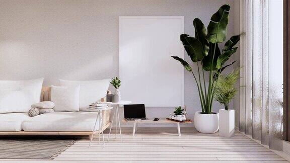 阁楼风格木地板上的白色墙壁地毯上的沙发扶手椅三维渲染