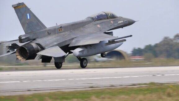 通用动力公司的F-16战斗猎鹰希腊空军慢动作着陆