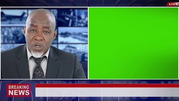4K视频:非洲新闻广播员呈现突发新闻与绿色屏幕显示的模型使用