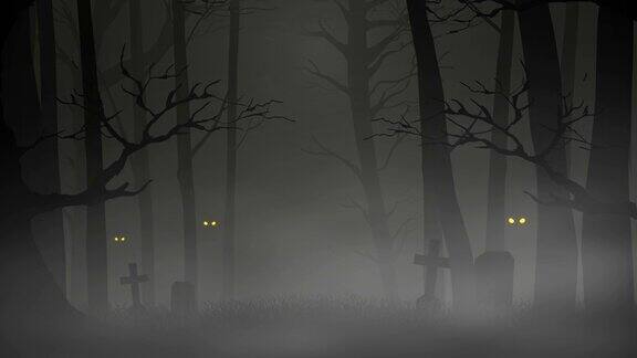 树木和墓地的动态图像在黑暗可怕的森林