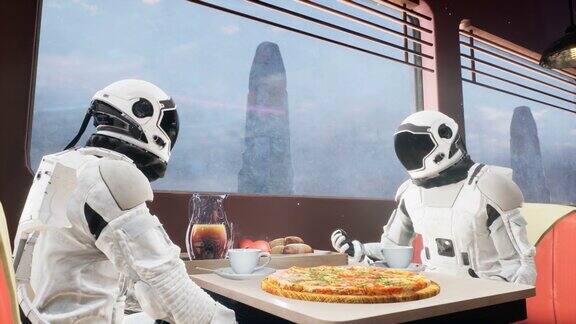 在一个外星球上探索宇航员们在当地的餐馆里放松并讨论他们的太空计划无缝循环动画适用于梦幻、未来或太空旅行背景