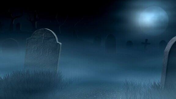 阴森朦胧的墓地上的墓碑满月的夜晚