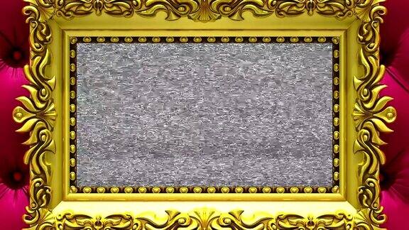 镜头拉近到豪华红色内饰背景上的金色相框电视噪音和绿色色度键在屏幕上播放3d动画